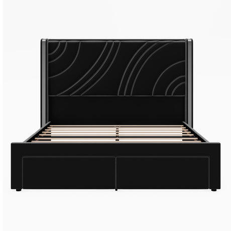 Modern Upholstered LED Bed Frame With Storage Drawers, Wingback Headboard, RGB Light
