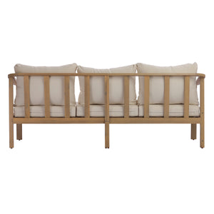 77.95" Outdoor Acacia Wood 3-Seater Sofa with Beige Cushions