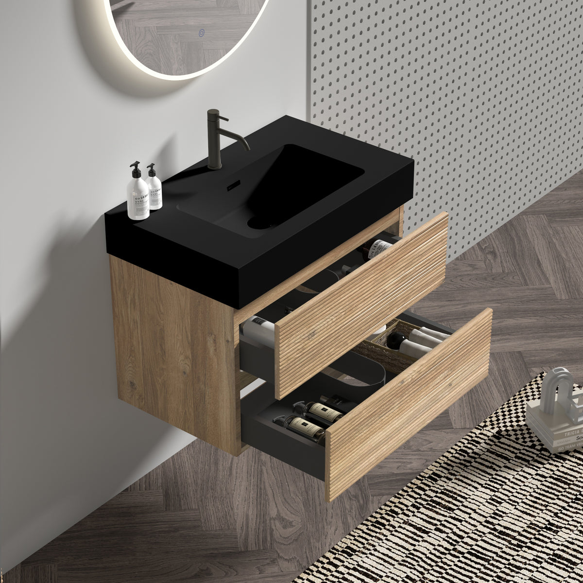 Grace 30-Inch Wall-Mounted Bathroom Vanity, Black and Oak with Soft-Close Drawers