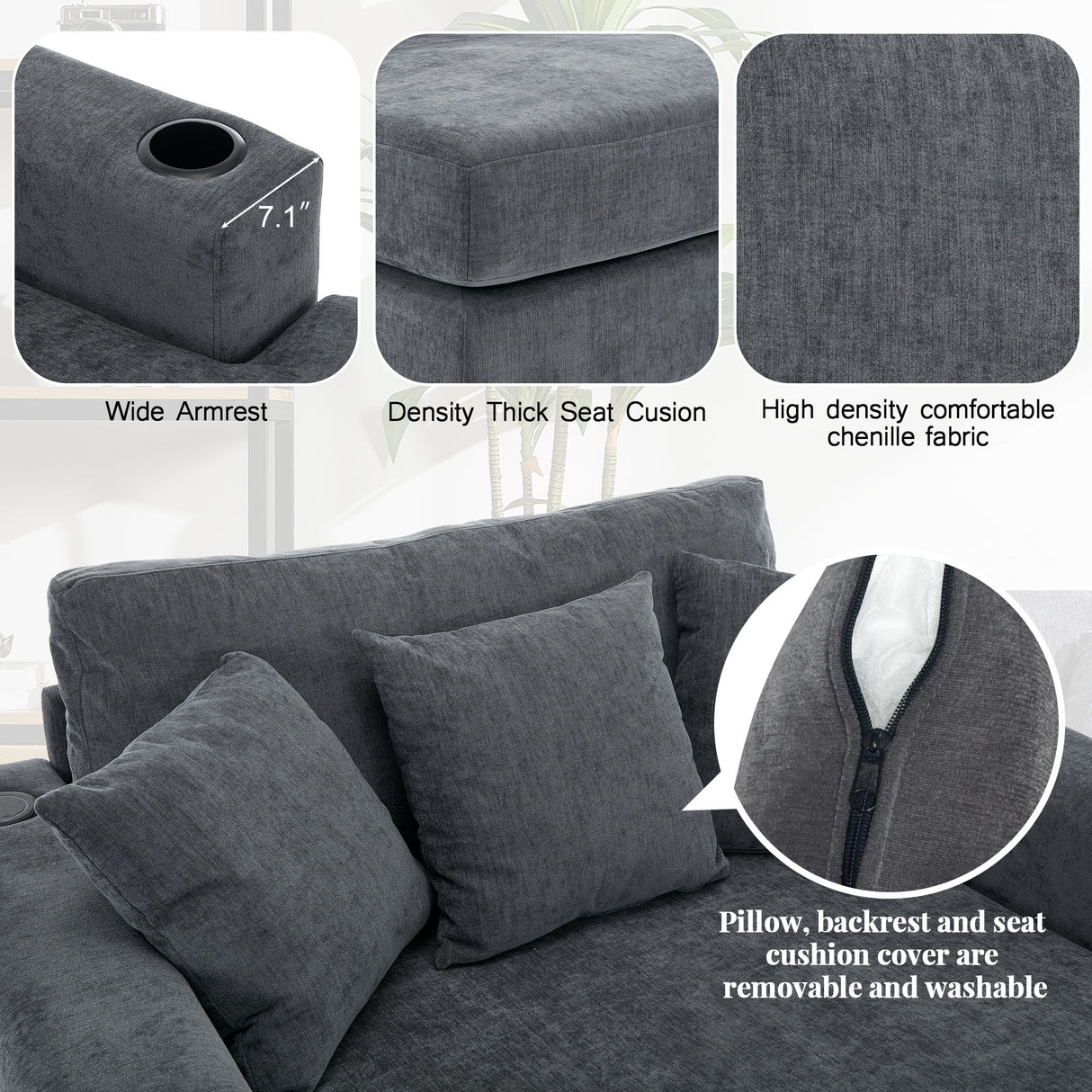 Oversized Chaise Lounger Modern Style Sofa Couch With Pillows, Charge Station & Cup Holders