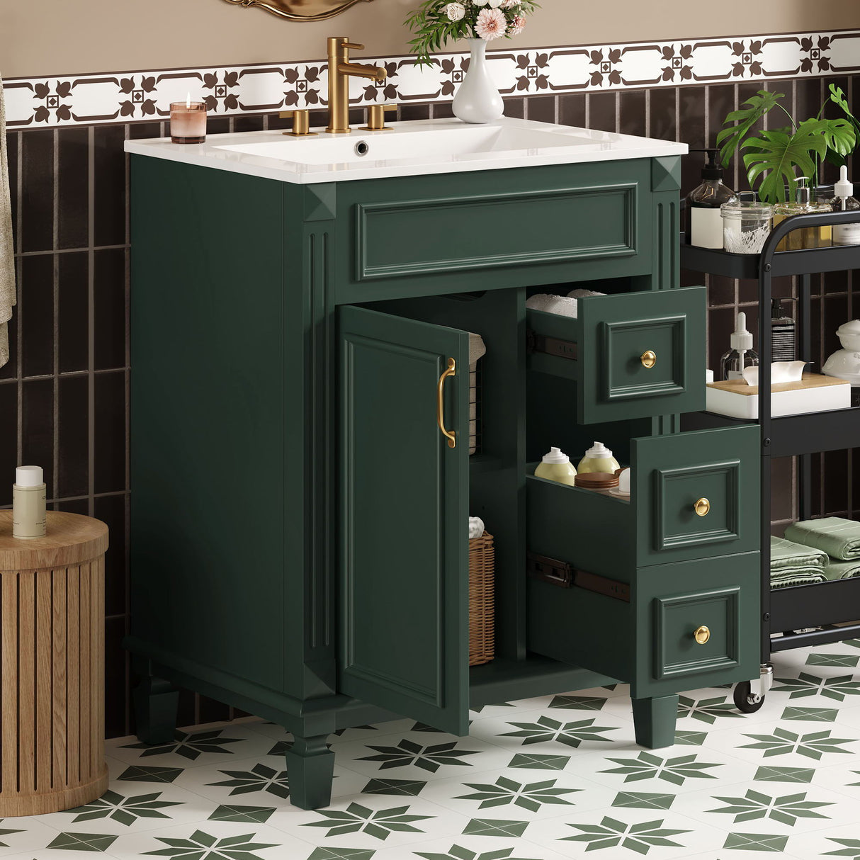 Bathroom Vanity With Sink, Compact Cabinet & 2 Drawers And Adjustable Shelf