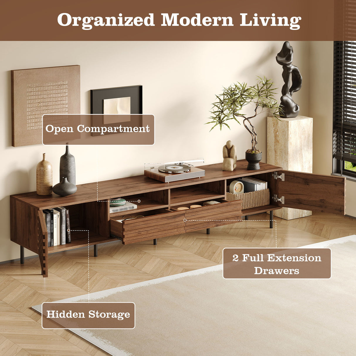 TV Stand For TVs Up To 85" With Closed Storage, Soft Closing Hinges - Walnut