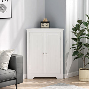 Corner Cabinet With 2 Doors And Adjustable Shelves, Freestanding Narrow Storage Organizer For Bathroom - White