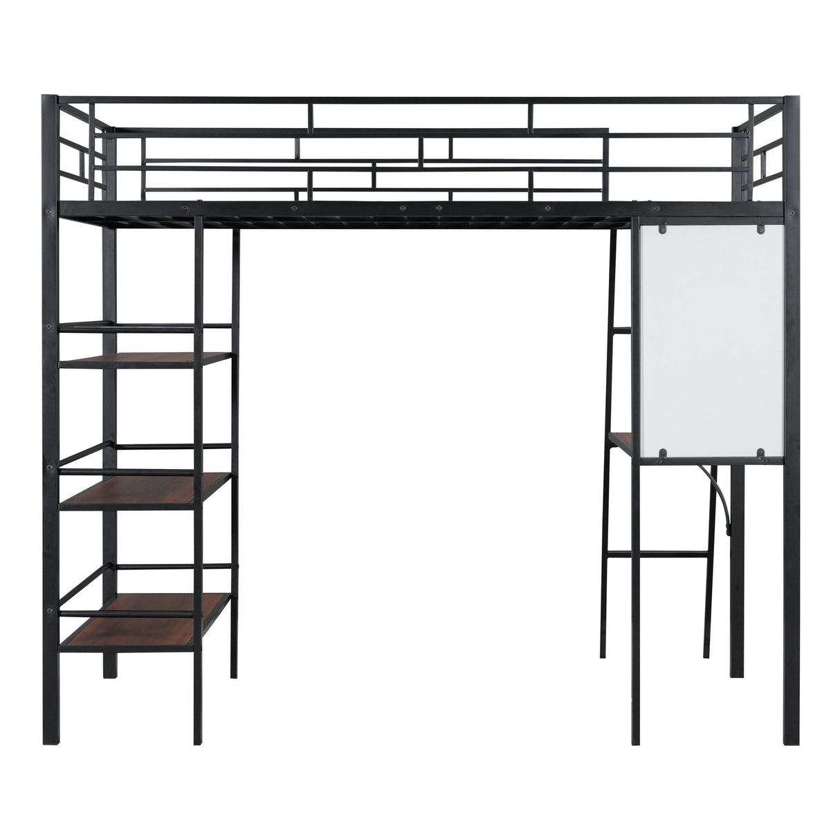 Loft Metal Bed With 3 Layers Of Shelves And Desk, Stylish Metal Frame Bed With board