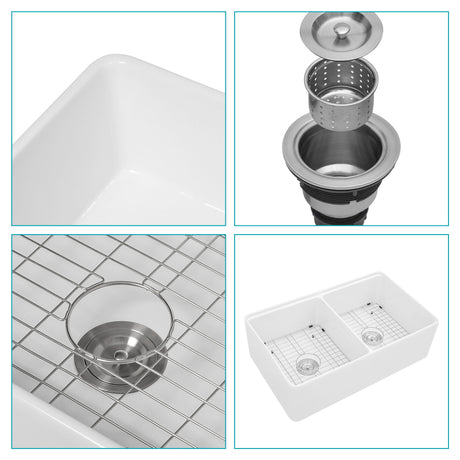 Double Bowl Sink Workstation 33" With Built In Work Surface And Accessories - White