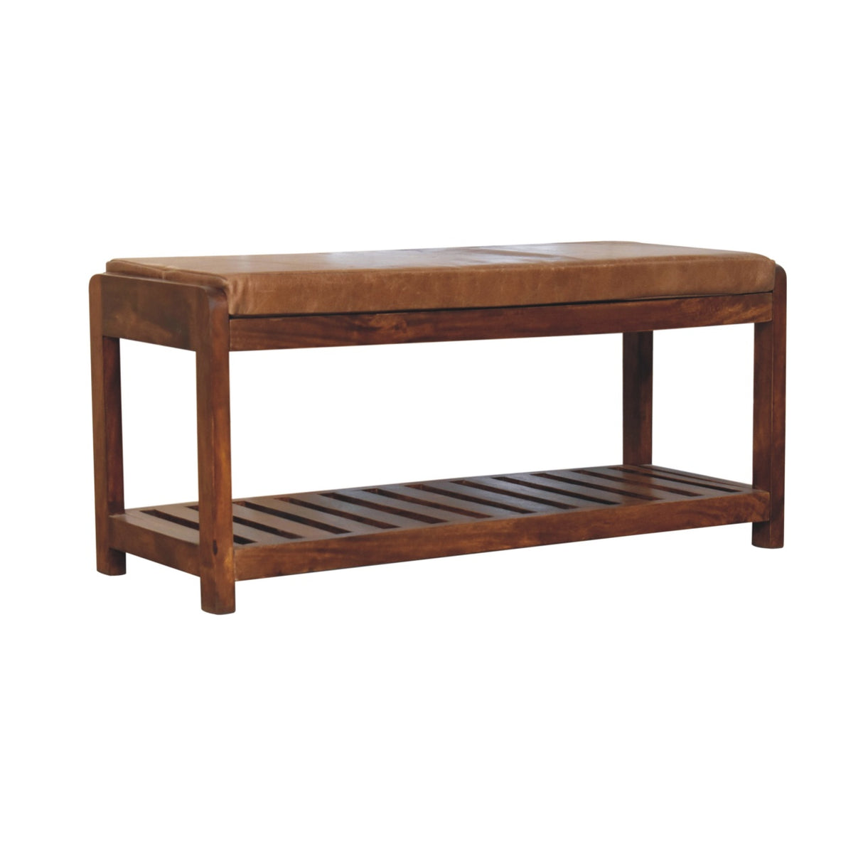 Solid Wood Small Buffalo Slatted Bench, Leather Upholstered, Open Storage