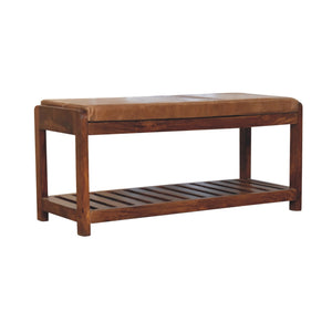 Solid Wood Small Buffalo Slatted Bench, Leather Upholstered, Open Storage
