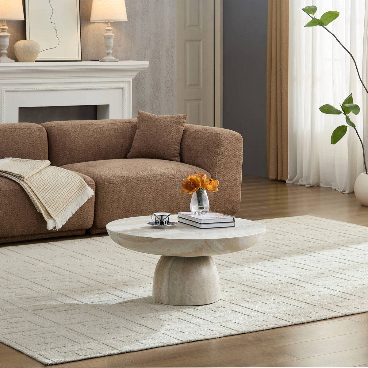 Mushroom Coffee Table, 31.5-Inch Round Fiberglass, Beige