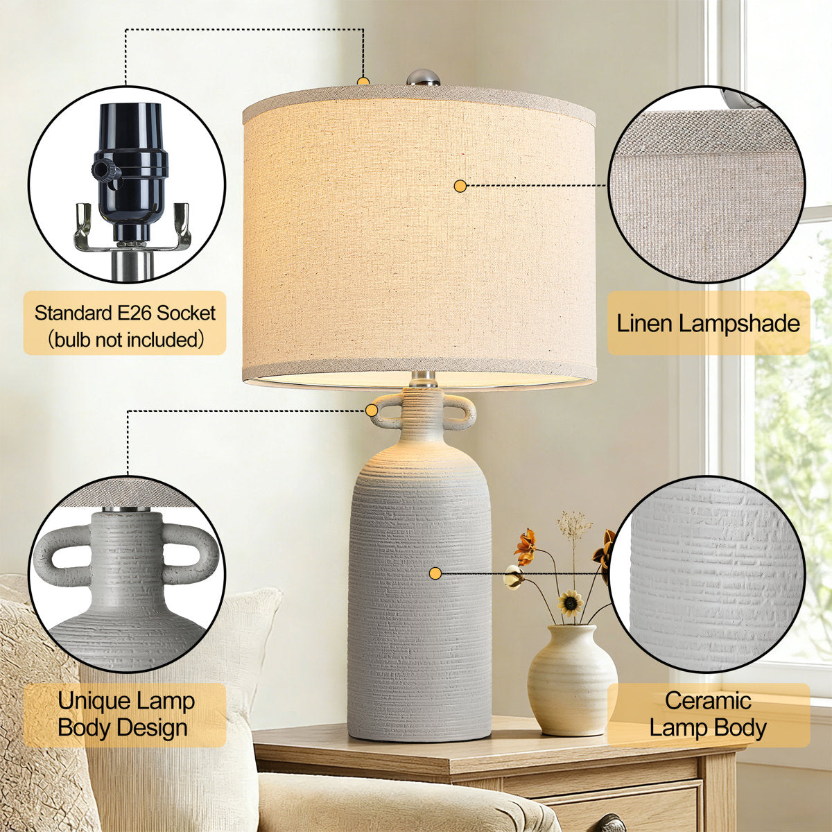 24-Inch Dimmable Ceramic Table Lamp Set with Linen Drum Shades, Gray, Set of 2