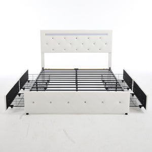 Upholstered Bed Frame With LED Lights, 4 Storage Drawers, Charging Station