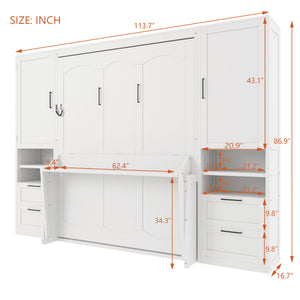 Queen Size Murphy Bed Wall Bed with Closet, Drawers and Shelves, White