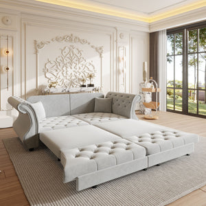 Oversized Chesterfield Pull Out Sofa Bed, Roll Arm Couch With Flower Tufting For Living Room