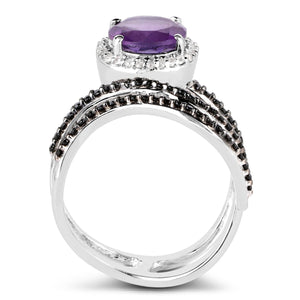 2.31 Carat Genuine Amethyst, Black Spinel and White Diamond .925 Sterling Silver Ring
