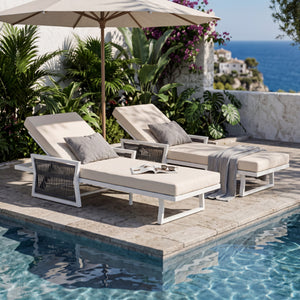 Modern White Iron Outdoor Chaise Lounger Set