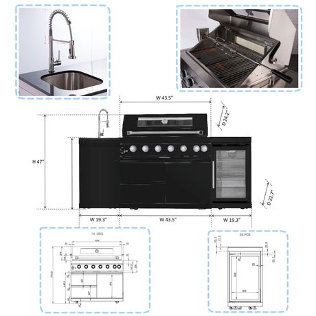 6 Burner 85, 000 Btu Outdoor Kitchen Island Grill With Wine Cooler Refrigerator, Rotisserie Kit, Granite Countertops & Sink - Black