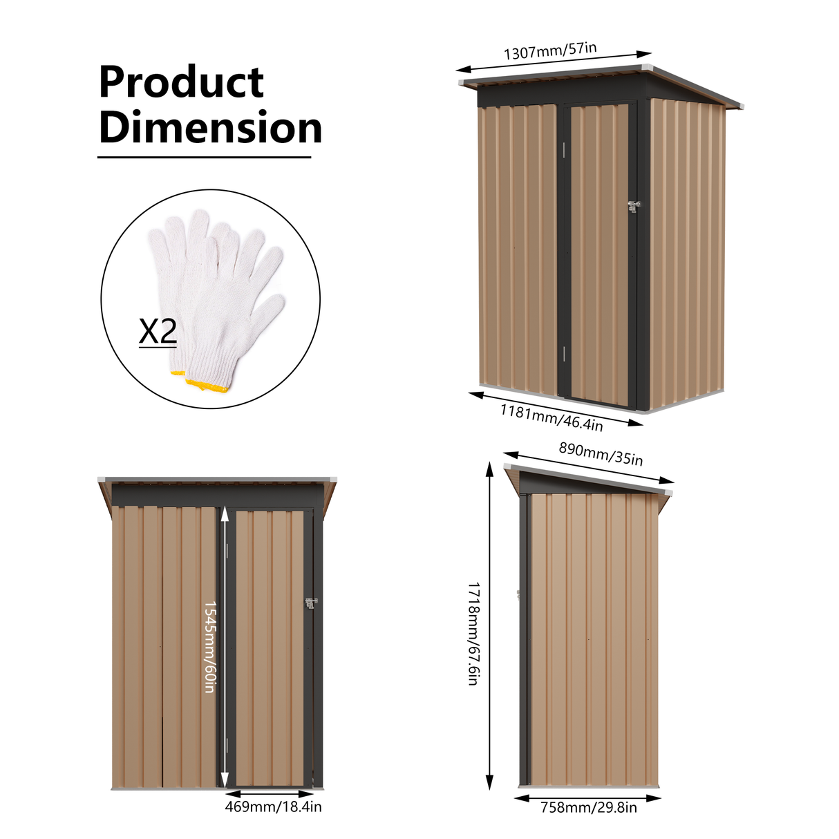 4.27FT x 2.42FT Metal Garden Shed 5 x 3 FT Pent Roof with Hinge Door