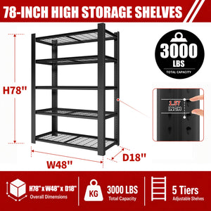 78"H 5-Tier Adjustable Heavy Duty Metal Mesh Storage Rack