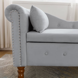 Chaise Lounge Indoor, Lounge Chair For Bedroom With Storage & Pillow, Modern Upholstered Rolled Arm Chase Lounge For Sleeping With Nailhead Trim For Living Room Bedroom Office