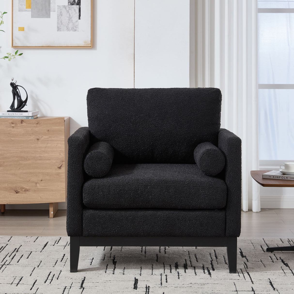 Wide Modern Farmhouse Performance Accent Chair With Legs, Wood Base