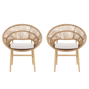 Cyril Outdoor Wicker Papasan Style Dining Chair with Teak Finished Legs - Set of 2