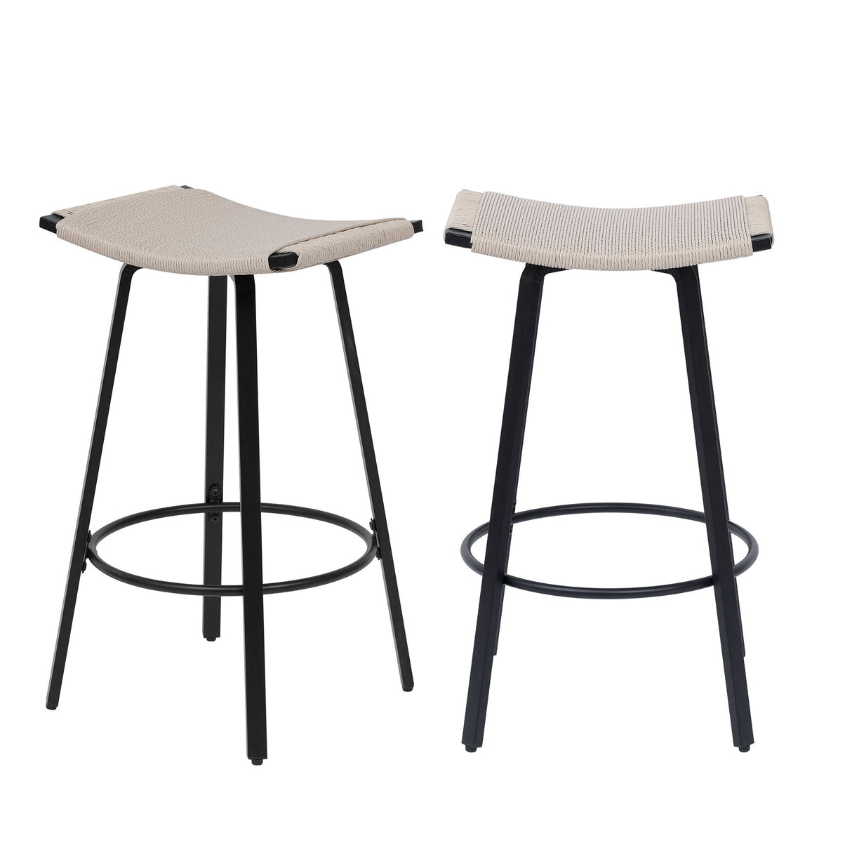 Counter Height Bar Stools Backless Handwoven Kitchen Dining Chairs With Round Footrest (Set of 2) Weaving Pub Stoo - Creamy White