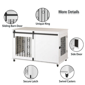 Dog Crate With Sliding Barn Door And Side Access, Lockable Wheels For Small To Medium Dogs - White