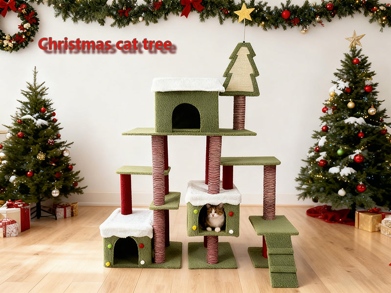 Wide Christmas Cat Tree Tower for Indoor Cats