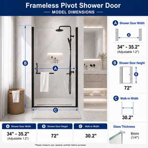 34"-35.2" x 72" Semi-Frameless Pivot Shower Door, Matte Finish