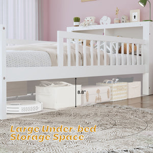 Bed With Headboard Storage Rack, 2 Under Bed Drawers, 3 Side Guardrails For Safety