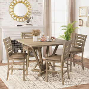 5 Pieces Set Counter Table Set Square Counter Table Solid Wood Modern Farmhouse Rustic Look Distressed Look - Grayish Brown