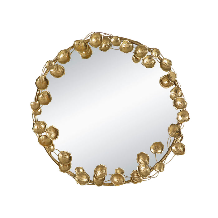 Round Metal Wall Mirror With Leaf Accents in Gold