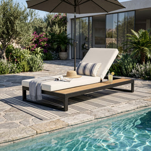 Black Iron & Teak Finish Chaise Lounge Set: 1 Frame + 1 2-Fold
