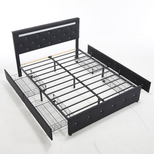 Upholstered Bed Frame With LED Lights, 4 Storage Drawers, Charging Station
