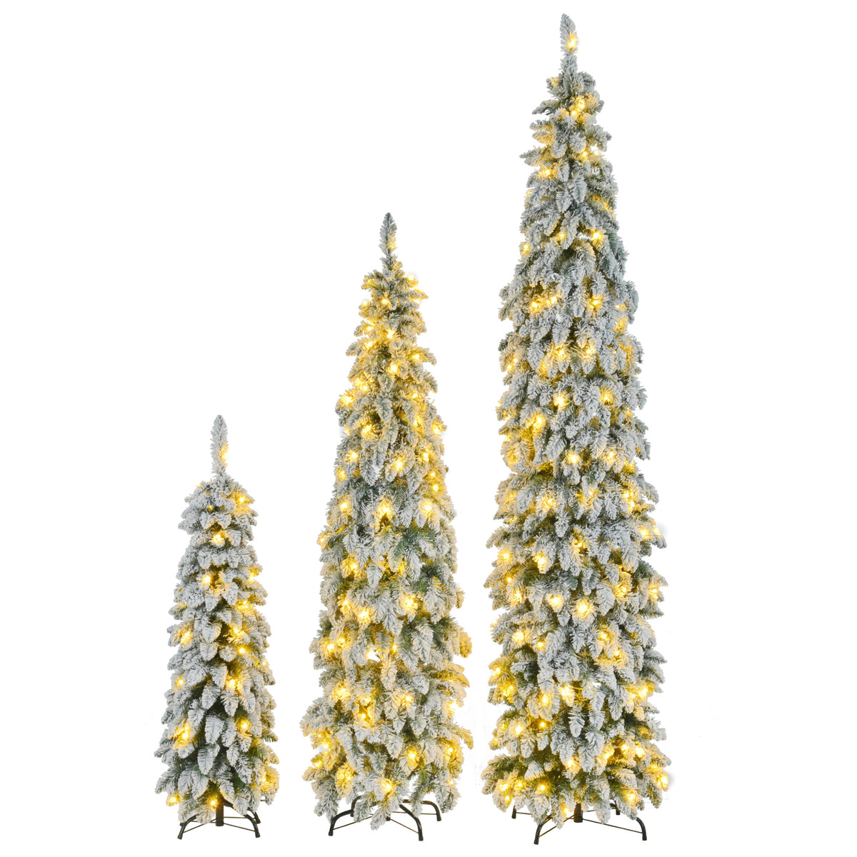 Pre-Lit Pencil Christmas Tree 3-Set, 4ft/6ft/8ft, Snow-Flocked, 290 LED Lights, White and Green
