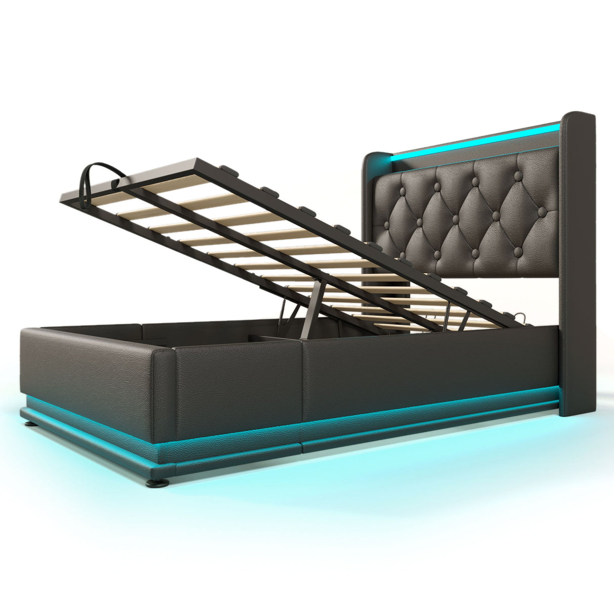 Upholstered Bed, 360 Surround LED Function, Remote Control, Hydraulic Storage Bed With USB, Type-C Charging (Without Mattress)