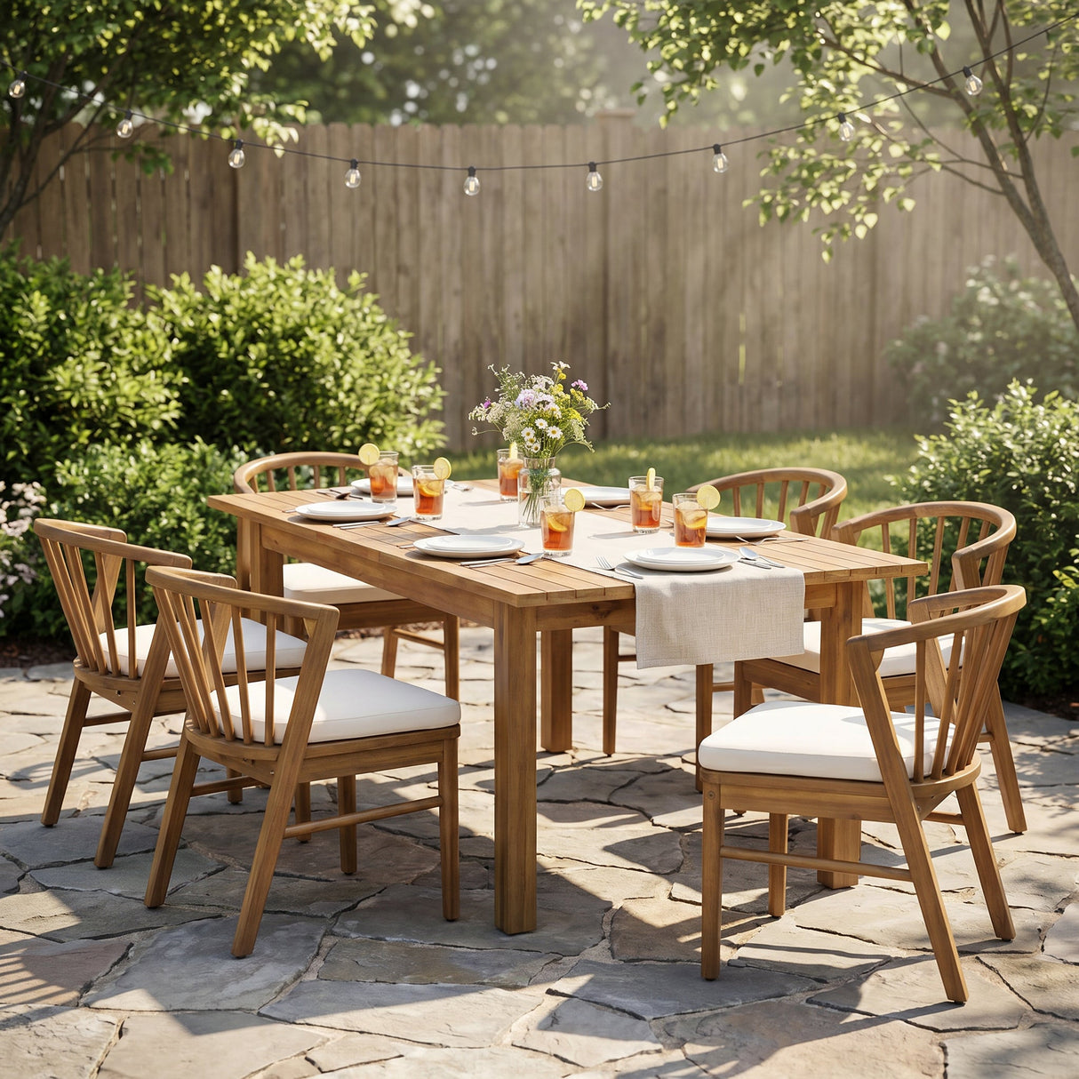 7 Pieces Acacia Wood Outdoor Dining Set with Cream Cushions