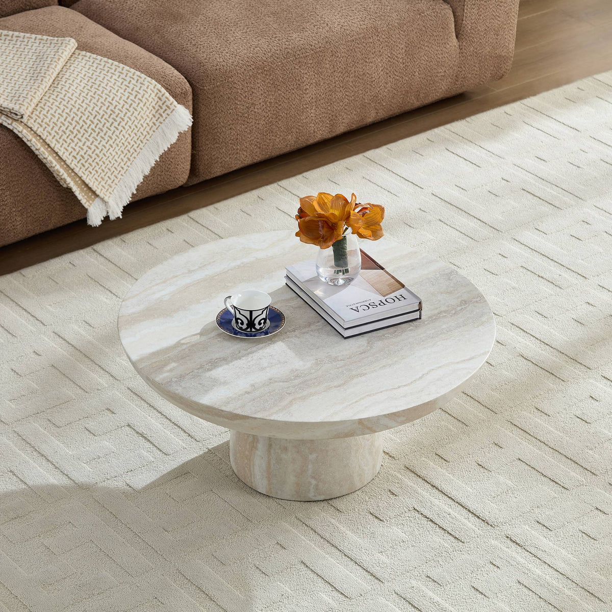 Mushroom Coffee Table, 31.5-Inch Round Fiberglass, Beige