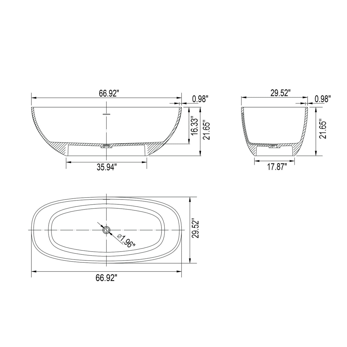 Soaking Bathtub, Freestanding, Solid Surface - Matte White