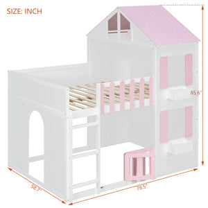 Full over Full House Bunk Bed with Storage - Pink