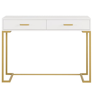 Minimalist Home Office Computer Desk With 2 Drawers, Compact Writing Table For Small Spaces - White / Gold