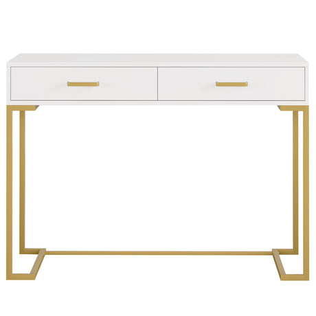 Minimalist Home Office Computer Desk With 2 Drawers, Compact Writing Table For Small Spaces - White / Gold