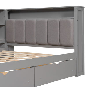 Platform Bed With Upholstered Headboard, Storage Shelves, Drawers, Charging Station, LED Lighting, Built In Desk