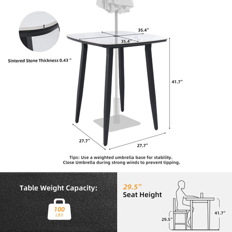 Outdoor Bar Table, Rounded Square Sintered Stone Top With Umbrella Hole, Rust Free Frame, Weatherproof - Ember Black / White