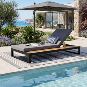 Black Iron & Teak Finish Chaise Lounge Set