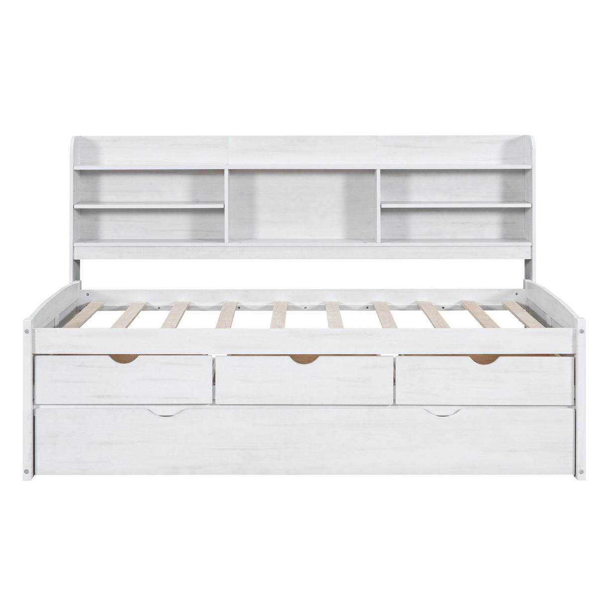Captain Bed With Built In Bookshelves, 3 Storage Drawers, And Trundle