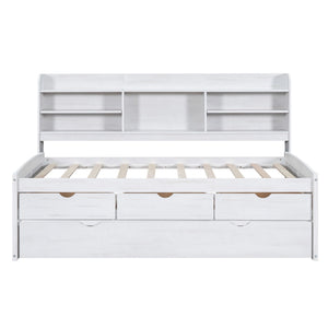 Captain Bed With Built In Bookshelves, 3 Storage Drawers, And Trundle
