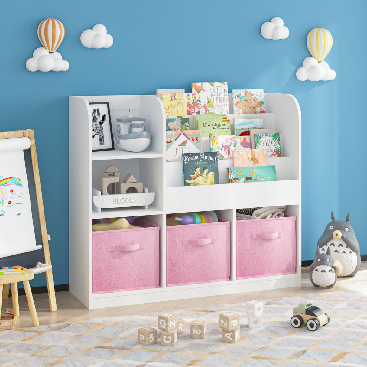 Bookcase And Bookshelf With 3 Collapsible Drawers, Multifunctional Display Stand