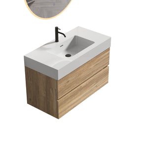 Grace 36-Inch Wall-Mounted Bathroom Vanity, Oak and White Solid Surface