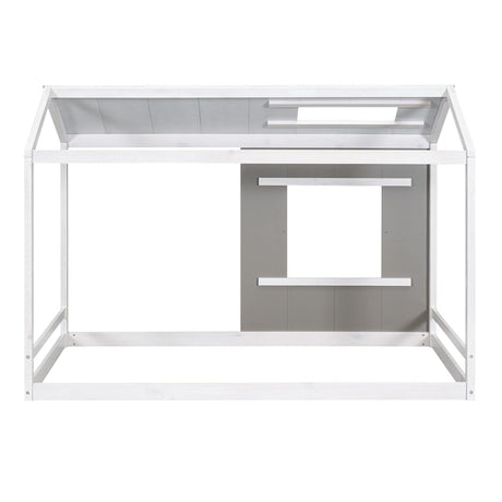 Twin Size House Platform Bed With Roof And Window - Natural / White