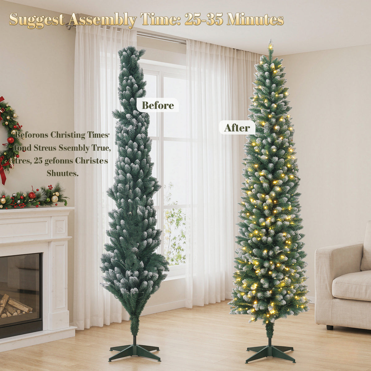 7ft Flocked Pencil Prelit Christmas Tree, Dual-Color